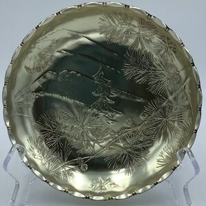 Vintage Arthur Armour Embossed Mountain and Pine Tree Scene Gold Metallic Dish